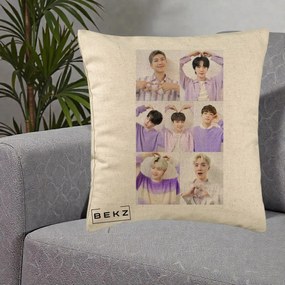 Perna Personalizata K-pop BTS Colaj 7 Portrete cu Inimi Lila, 40x40 cm, Bej, Husa Detasabila, Perna Inclusa, BEKZ®