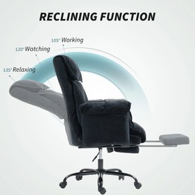 HOMCOM Scaun de Birou Directorial în Catifea cu Suport pentru Picioare și Spumă de Înaltă Reziliență, Fotoliu de Birou Reclinabil cu Spătar Înalt, Brațe Îmbunătățite, Înălțime Reglabilă și Roți, Negru | Aosom Romania