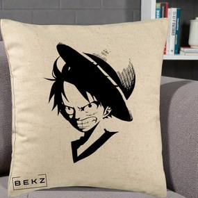 Perna Personalizata One Piece Luffy Silueta Alb-Negru, 40x40 cm, Bej, Husa Detasabila, Perna Inclusa, BEKZ®