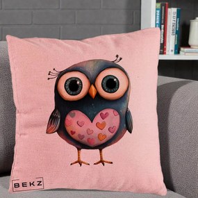 Perna Decorativa Bufnita cu Inimioare Roz, 40x40 cm, Roz, Husa Detasabila, Perna Inclusa, BEKZ®