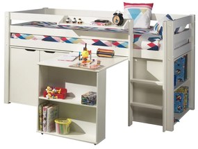 Set pat supraetajat copii PINO alb cu birou, bibliotecă, comodă și raft lateral – Vipack