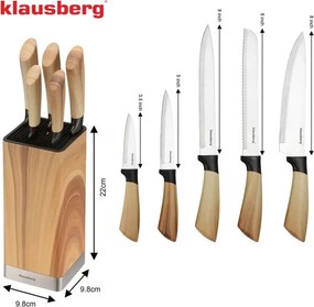 Set de cuțite de bucătărie Klausberg KB 9035, 6 piese, oțel inoxidabil, suport, maro
