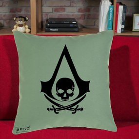 Perna Personalizata Assassin's Creed Black Flag Skull, 40x40 cm, Verde, Husa Detasabila, Perna Inclusa, BEKZ®