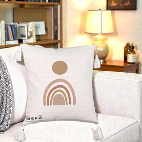 Perna Decorativa Boho Rainbow Sun, 40x40 cm, Bej cu Franjuri, Husa Detasabila, Perna Inclusa, BEKZ®