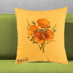 Perna Decorativa Maci Portocalii cu Floricele Albastre, 40x40 cm, Galben, Husa Detasabila, Perna Inclusa, BEKZ®