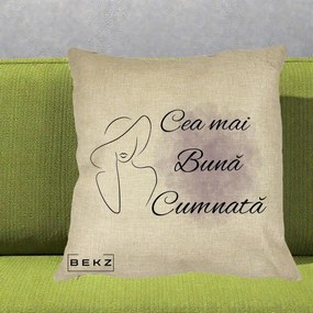 Cadou pentru Cumnata - Perna Personalizata Cea mai Buna Cumnata cu Silueta Dama si Pete Violet, 40x40 cm, Crem, Husa Detasabila, Perna Inclusa, BEKZ®