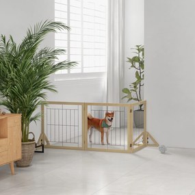 PawHut Gard pliabil pentru câini, gard de siguranță pentru animale de companie și căței cu 3 panouri și suporturi triunghiulare, 210x70 cm, lemn natural | Aosom Romania
