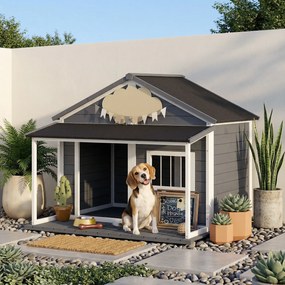 PawHut Casuță din Lemn de Exterior pentru Câini, Cușcă pentru Câini cu Terasă, Fereastră și Acoperiș Impermeabil, 124x112x105 cm, Gri | Aosom Romania