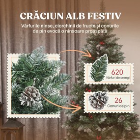 HOMCOM Brad de Crăciun Înalt Înzăpezit 180 cm cu 620 de Ramuri, Brad Artificial de Interior cu Conuri și Boabe Roșii Decorative, Bază din Metal, Verde | Aosom Romania