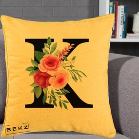 Cadou Personalizat - Perna Personalizata Monograma Florala Litera K, 40x40 cm, Galben, Husa Detasabila, Perna Inclusa, BEKZ®