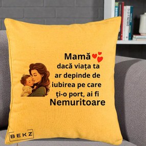 Cadou pentru Mama - Perna Personalizata Mama Nemuritoare cu Bebelus Lineart, 40x40 cm, Galben, Husa Detasabila, Perna Inclusa, BEKZ®