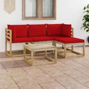 Set mobilier de gradina cu perne rosii, 5 piese