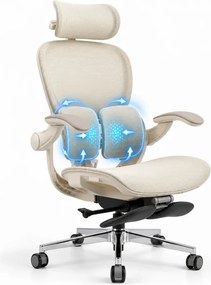 Scaun ergonomic MORATTI D5, Suport lombar dual 360°, Tetieră 4D, Șezut Zero-Pressure Frameless Mesh, Cotiere Flip-Back 4 poziții, Reclinare 135°, Suport picioare, Bej