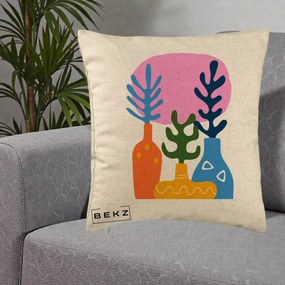 Perna Decorativa Vaze Botanice Abstract, 40x40 cm, Bej, Husa Detasabila, Perna Inclusa, BEKZ®