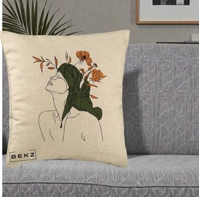 Perna Decorativa Portret Feminin Profil Flori Portocalii, 40x40 cm, Bej, Husa Detasabila, Perna Inclusa, BEKZ®