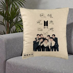 Perna Personalizata K-pop BTS Autografe Toti Membrii cu Fotografie, 40x40 cm, Bej, Husa Detasabila, Perna Inclusa, BEKZ®