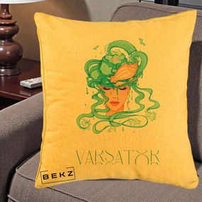 Perna Personalizata Zodiac Varsator Cowgirl, 40x40 cm, Galben, Husa Detasabila, Perna Inclusa, BEKZ®