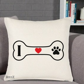 Perna Personalizata I Love Dog Os si Labuta, 40x40 cm, Crem Reliefat, Husa Detasabila, Perna Inclusa, BEKZ®