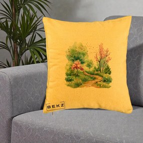 Perna Decorativa Gradina Primavara Acuarela, 40x40 cm, Galben, Husa Detasabila, Perna Inclusa, BEKZ®