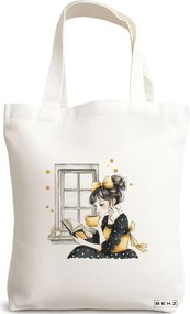 Sacosa de Panza pentru Cumparaturi, Geanta Tote, model The bookie girl 4 38 x 34.5 cm, Alba, BEKZ®