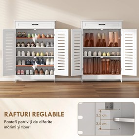 HOMCOM Pantofar pentru Hol cu 2 Uși cu Lamele, 5 Niveluri, Rafturi Reglabile, pentru 20 Perechi de Pantofi, 78x37x115,8 cm, Alb | Aosom Romania