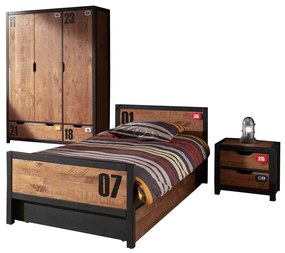 Set Mobilier Cameră Copii ALEX, 4 Piese, Pat 90x200 cm, Somieră Inclusă, Pin Masiv și Metal Negru – Vipack