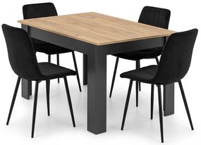 Set de masa 1 + 4, masa MADO 120x80 cm negru/dub artisan + scaun catifelat negru LAVA cu picioare negre