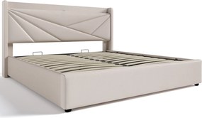 Pat dublu cu ladă de depozitare, funcție de încărcare USB Tip C, din bumbac și in, fără saltea, 160x200 cm, Bej