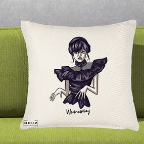 Perna Personalizata Wednesday Addams Dans Gotic, 40x40 cm, Crem Reliefat, Husa Detasabila, Perna Inclusa, BEKZ®