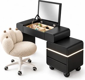 Set RIGA – Masă de toaletă 2 în 1, cu oglindă rabatabilă, noptieră cu 3 sertare, finisaj din piele ecologică, depozitare compartimentată, Scaun, Negru