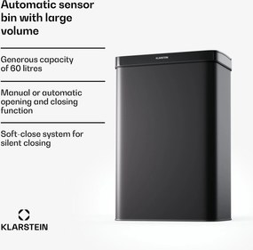 Klarstein Coș de gunoi fără atingere, cu senzor, 60 l, din oțel inoxidabil, închidere ușoară, cu baterii, afișaj LED, temporizator