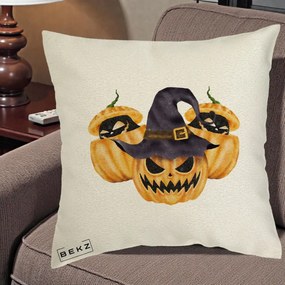 Perna Decorativa Trio Dovleci Jack-o-Lantern cu Palarie Vrajitoare, 40x40 cm, Ecru, Husa Detasabila, Perna Inclusa, BEKZ®