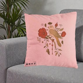 Perna Decorativa Pasare pe Ramura cu Maci, 40x40 cm, Roz, Husa Detasabila, Perna Inclusa, BEKZ®