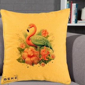 Perna Decorativa Flamingo cu Hibiscus Tropical, 40x40 cm, Galben, Husa Detasabila, Perna Inclusa, BEKZ®