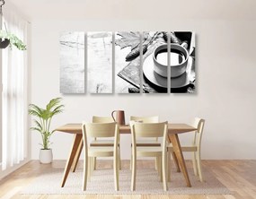 Tablou 5-piese o cană de cafea cu atingere de toamnă în design alb-negru
