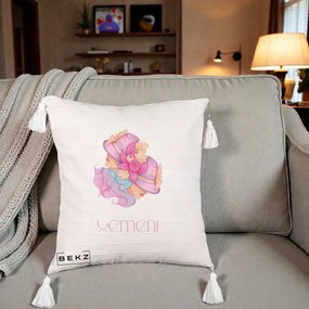 Perna Personalizata Zodie Gemeni, 40x40 cm, Bej cu Franjuri, Husa Detasabila, Perna Inclusa, BEKZ®