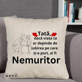 Cadou pentru Tata - Perna Personalizata Tata Nemuritor Baietel, 40x40 cm, Bej Canapea, Husa Detasabila, Perna Inclusa, BEKZ®