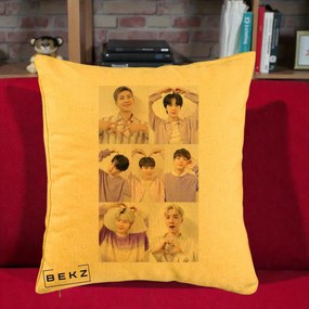 Perna Personalizata K-pop BTS Colaj 7 Portrete cu Inimi Lila, 40x40 cm, Galben, Husa Detasabila, Perna Inclusa, BEKZ®