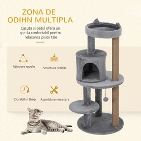 Ansamblu de Joacă PawHut pentru Pisici, 3 Nivele cu Plus Moale, Gri, 48x48x104cm | Aosom Romania