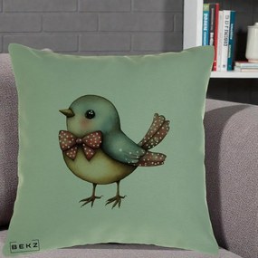 Perna Decorativa Pasare Bleu cu Fundita Rosie, 40x40 cm, Verde, Husa Detasabila, Perna Inclusa, BEKZ®