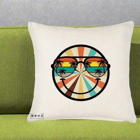 Perna Decorativa Smiley Face Retro Sunset Palmieri, 40x40 cm, Crem Reliefat, Husa Detasabila, Perna Inclusa, BEKZ®