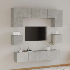 Set dulap TV, 8 piese, gri beton, lemn prelucrat 8, Gri beton, 80 x 30 x 30 cm
