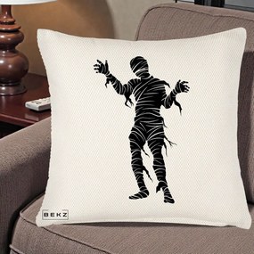 Perna Decorativa Mormii Infricosat Silueta Neagra Halloween, 40x40 cm, Crem Reliefat, Husa Detasabila, Perna Inclusa, BEKZ®