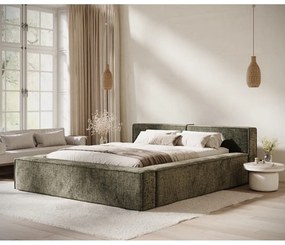 Pat matrimonial verde închis tapițat cu spațiu de depozitare cu somieră 140x200 cm Voliera – Maison de Rêve