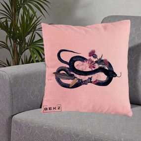 Perna Decorativa Sarpe Negru cu Flori Gothic, 40x40 cm, Roz, Husa Detasabila, Perna Inclusa, BEKZ®