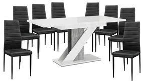 Set de sufragerie Maasix WGS gri-alb lucios Z pentru 8 persoane cu scaune negru Coleta