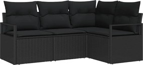 vidaXL Set de canapea cu pernă cu depozitare 4 pcs Negru poliratan