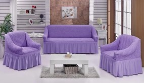 Set huse elastice si creponate pentru canapea 3 locuri si 2 fotolii, cu volanas, culoare Lila