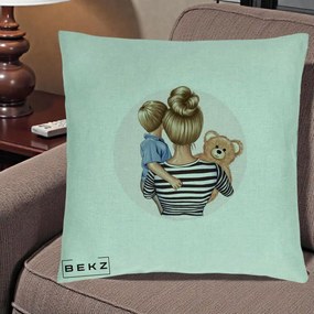 Cadou pentru Mama - Perna Personalizata Mama si Baietelul cu Ursulet, 40x40 cm, Verde Menta, Husa Detasabila, Perna Inclusa, BEKZ®