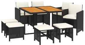 Set mobilier de gradina cu perne, 9 piese, negru, poliratan negru si maro, Lungime masa 109 cm, 4x fotoliu + 4x suport pentru picioare + masa, 1